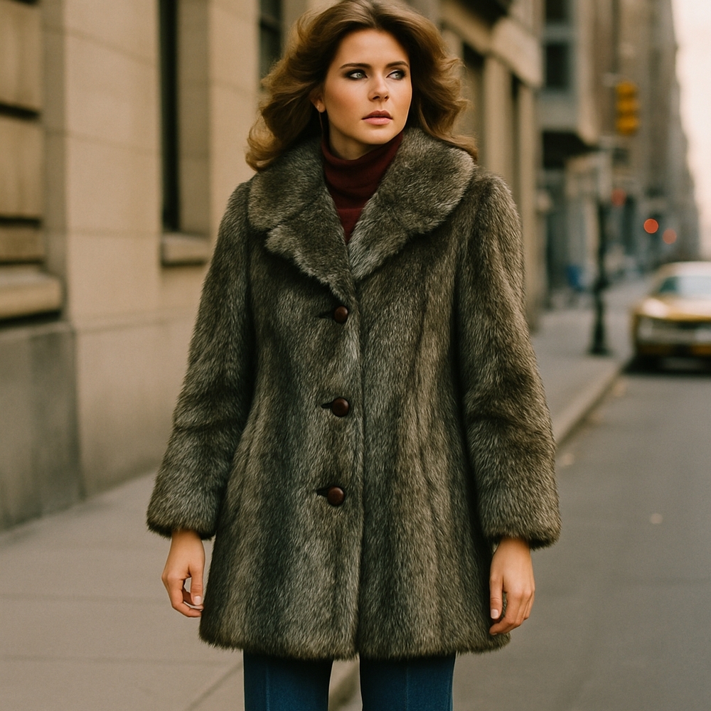 Vintage Sears The‎ Fashion Place Brown Faux Fur Coat Red Lining Retro 60s 70s